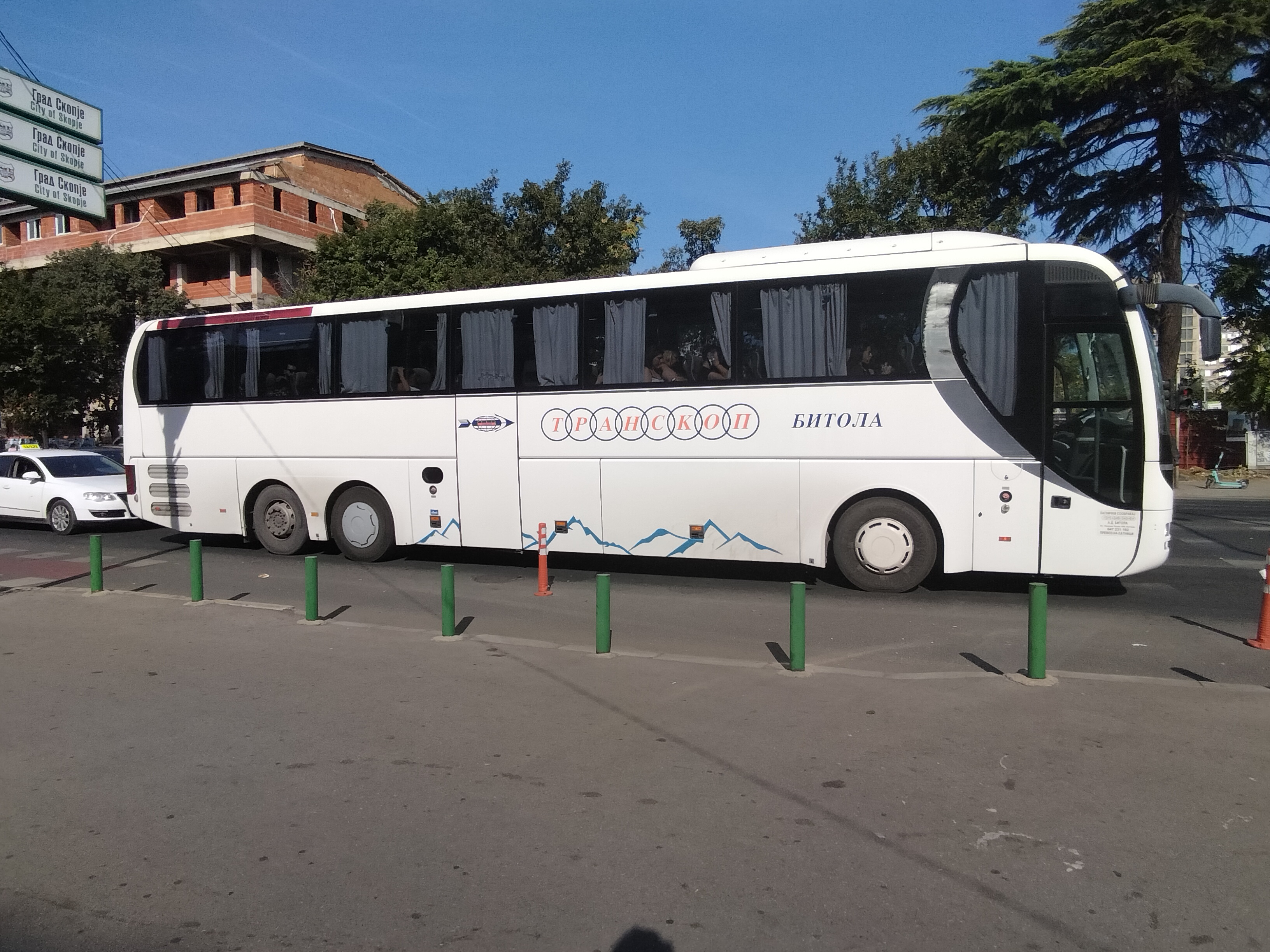 White Bus in the streets of Skopje with "Транскоп Битола" on it. Transkop Bitola