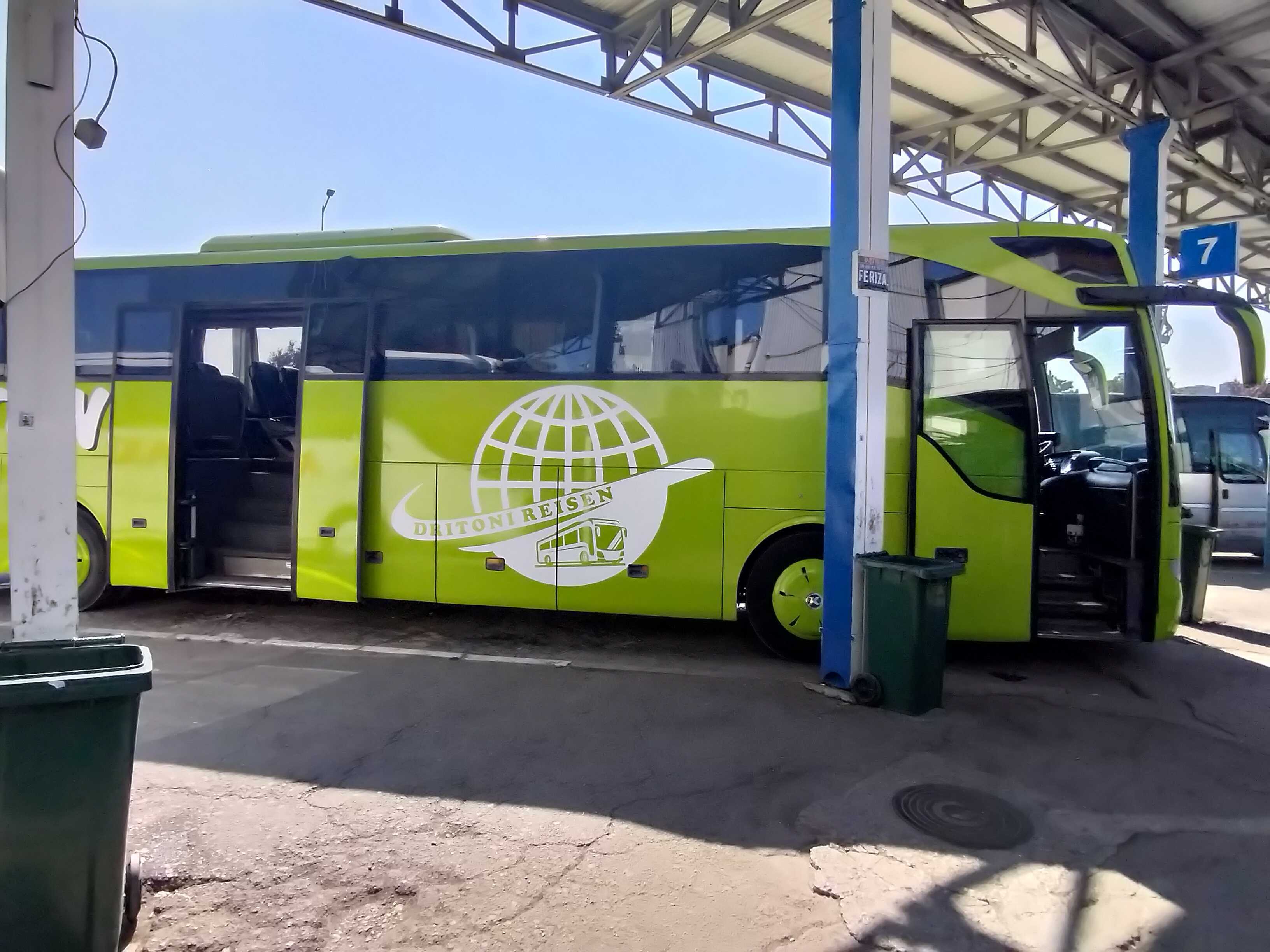 Green Dritoni Bus waiting for passengers boarding at Skopje Central Bus Station