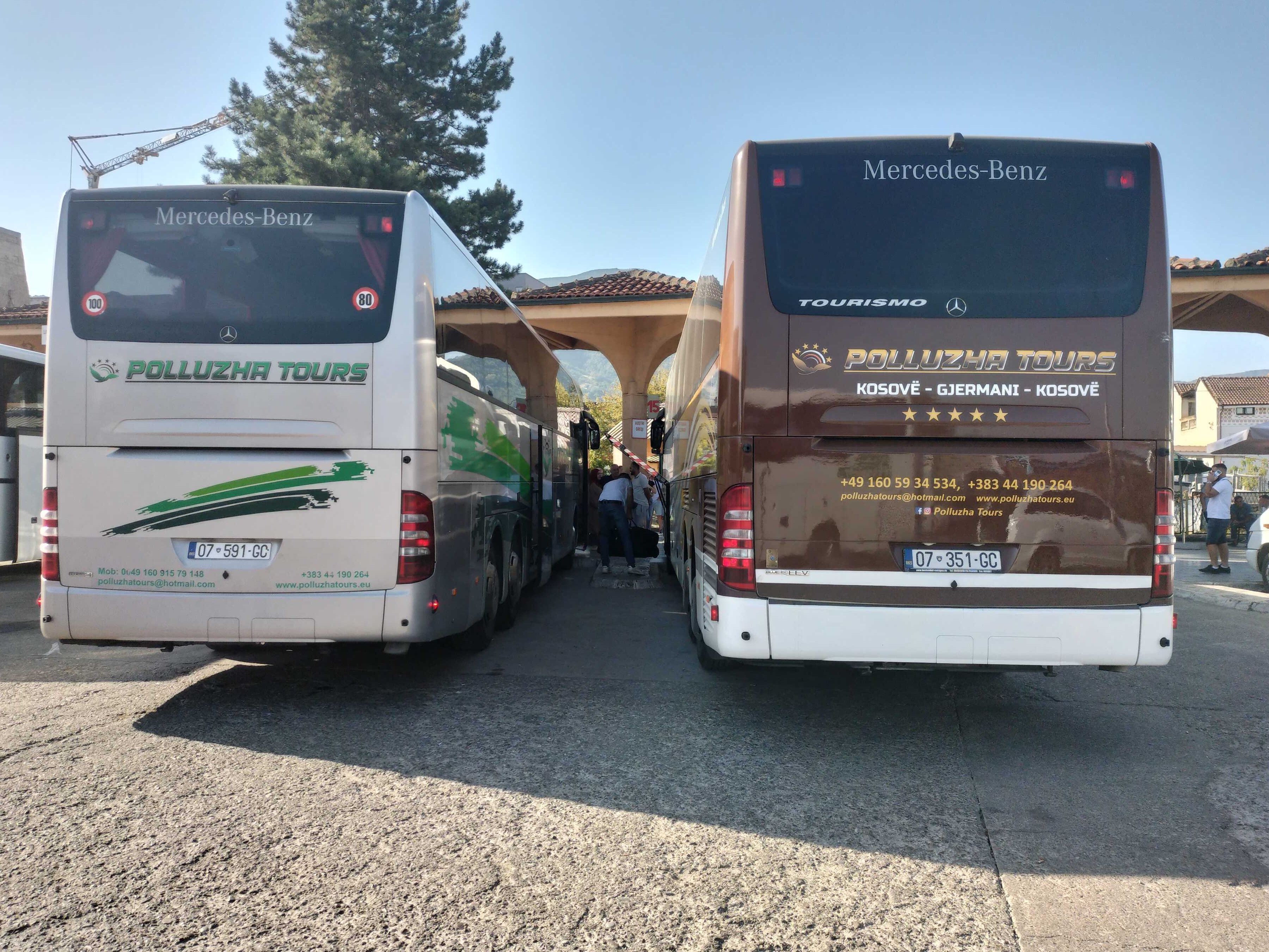Two Polluzha Tours Busses waiting for passenger boarding in Prizren, Kosovo