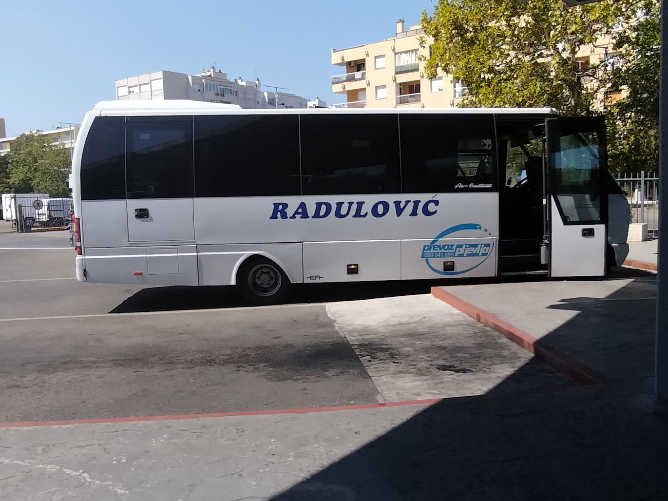 Bus Radulović prevoz Pljevlja waiting in Podgorica for passengers to board.